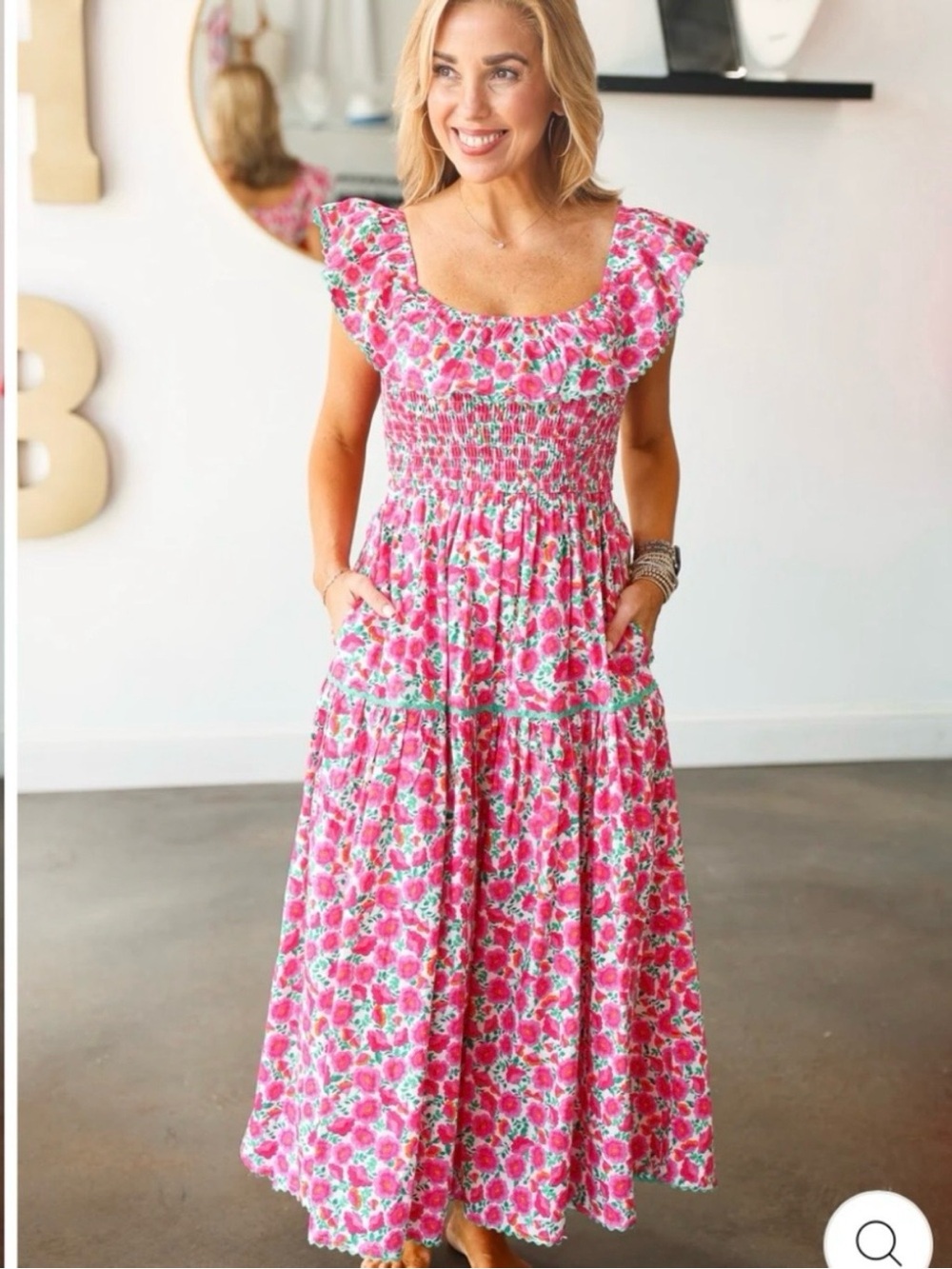 Anthropologie Entro Pink ruffle shoulder smocked tiered Cottagecore midi dress